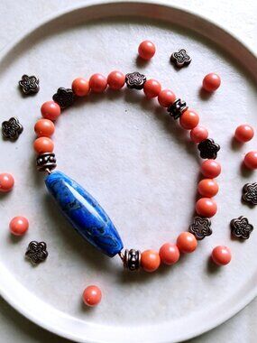 Handmade! Beaded Bracelet ~ Blue & Mango ~ Small Wrists 6-6.5" ~ Upbeat & Spunky